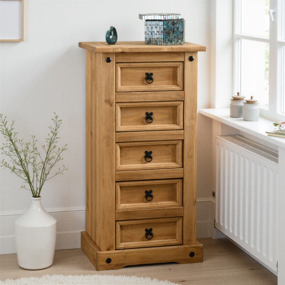 seconique Corona 5 Drawer Narrow Chest Distressed Waxed Pine