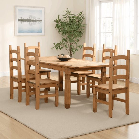 seconique Corona Extending Dining Set (6 Chairs) Distressed Waxed Pine