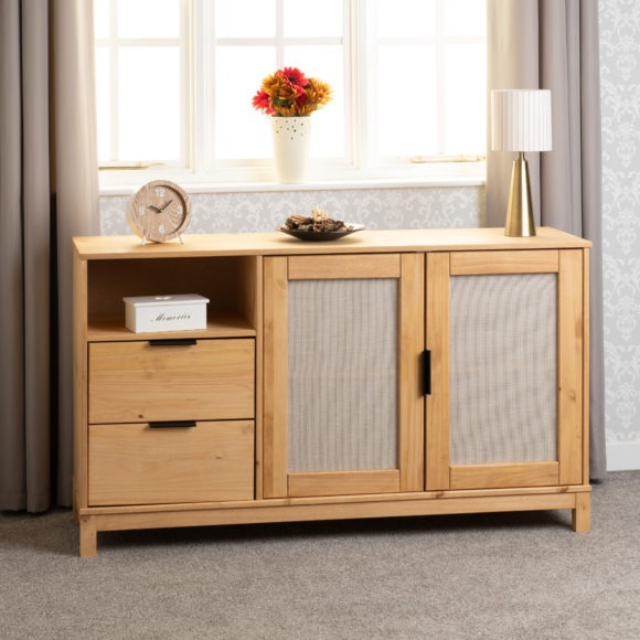 seconique Corona Rattan 2 Door 2 Drawer Sideboard Distressed Wax Pine/Rattan Effect