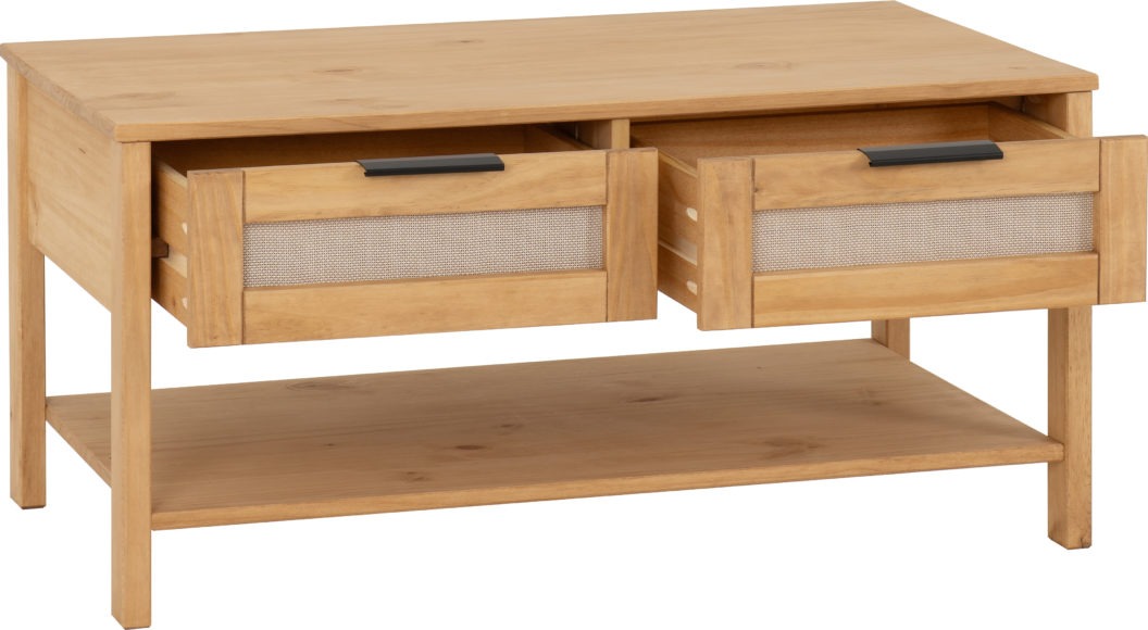 Seconique Corona Rattan 2 Drawer Coffee Table Distressed Wax Pine/Rattan Effect