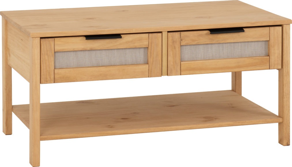 seconique Corona Rattan 2 Drawer Coffee Table Distressed Wax Pine/Rattan Effect