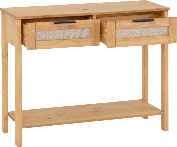 Seconique Corona Rattan 2 Drawer Console Table Distressed Wax Pine/Rattan Effect