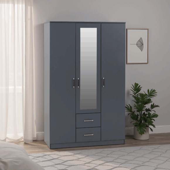 seconique Dakota 3 Door 2 Drawer Mirrored Wardrobe Dark Grey