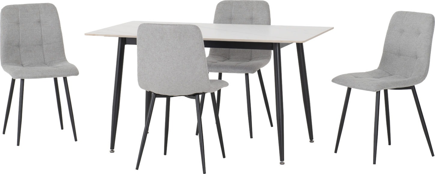 seconique Fenton Dining Set (4 Chairs) White Marble Stone Effect/Light Grey Fabric