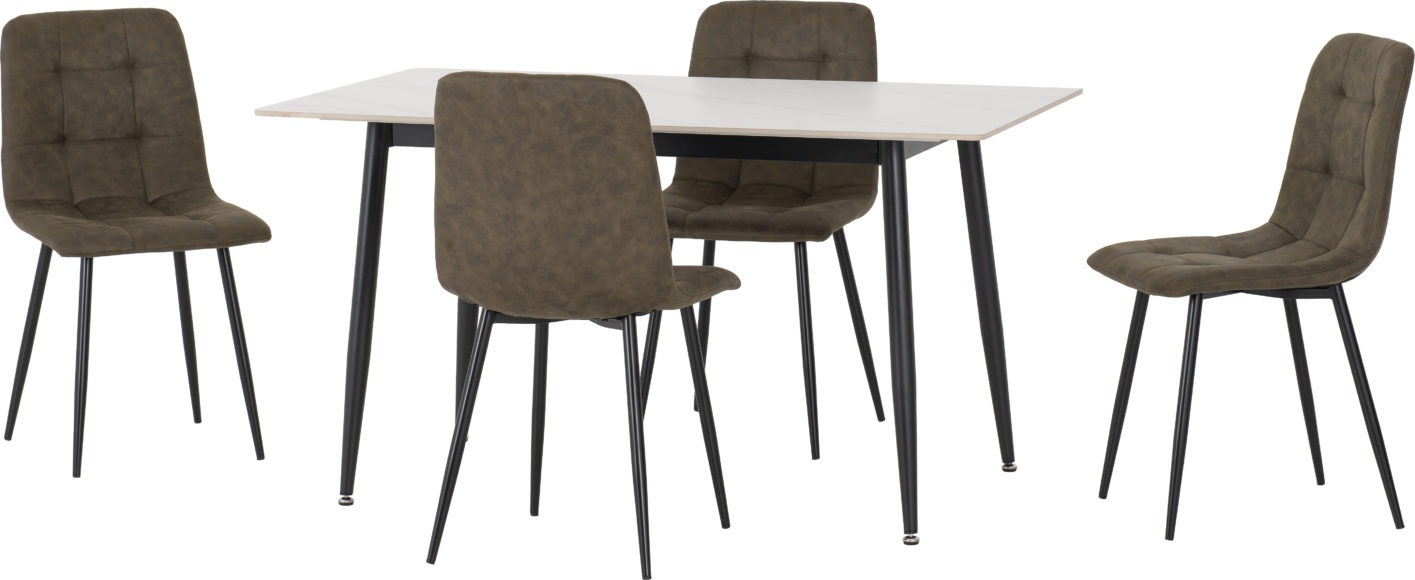 Seconique Fenton Dining Set (4 Chairs) White Marble Stone Effect/Olive Green Suede Fabric