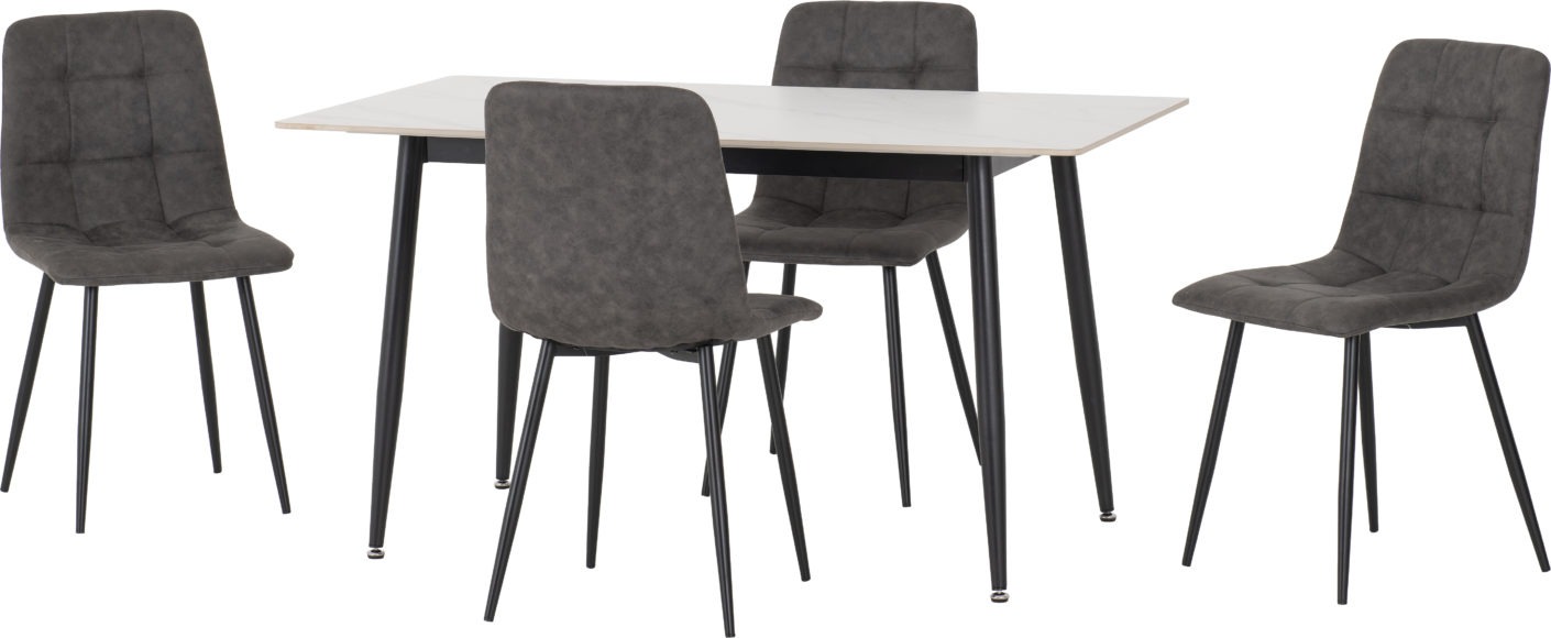 seconique Fenton Dining Set (4 Chairs) White Marble Stone Effect/Dark Grey Suede Fabric