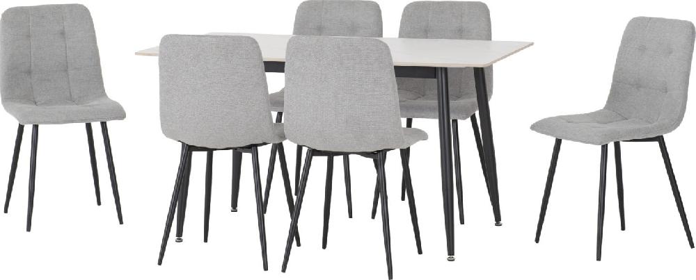 seconique Fenton Dining Set (6 Chairs) White Marble Stone Effect/Light Grey Fabric