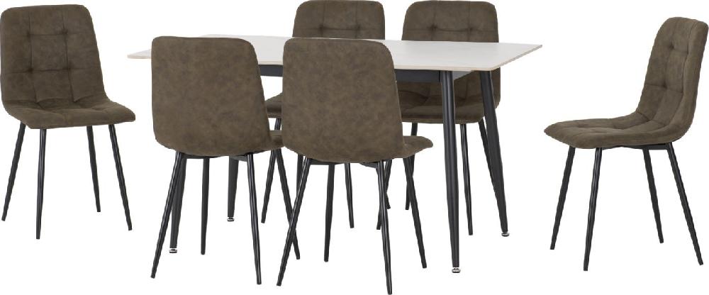 seconique Fenton Dining Set (6 Chairs) White Marble Stone Effect/Olive Green Suede Fabric