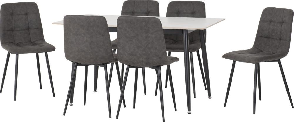 seconique Fenton Dining Set (6 Chairs) White Marble Stone Effect/Dark Grey Suede Fabric