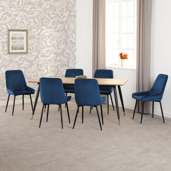 Seconique Hamilton Large Dining Set With Avery Chairs Medium Oak Effect/Black/Sapphire Blue Velvet