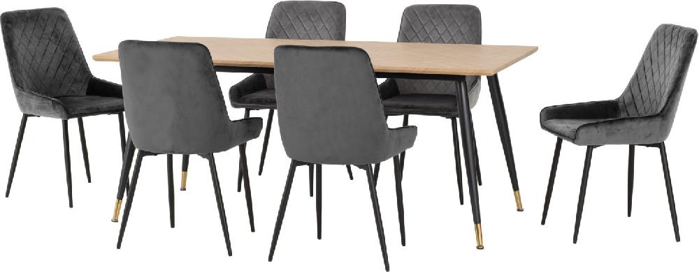 seconique Hamilton Large Dining Set with Avery Chairs Medium Oak Effect/Black/Grey Velvet