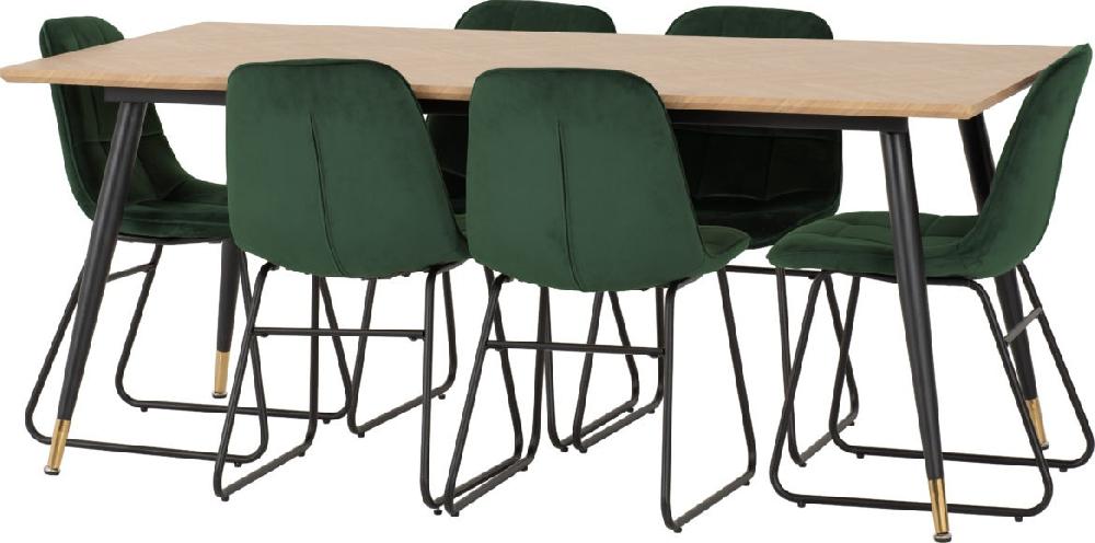 Seconique Hamilton Large Dining Set With Lukas Chairs Medium Oak Effect/Black/Emerald Green Velvet