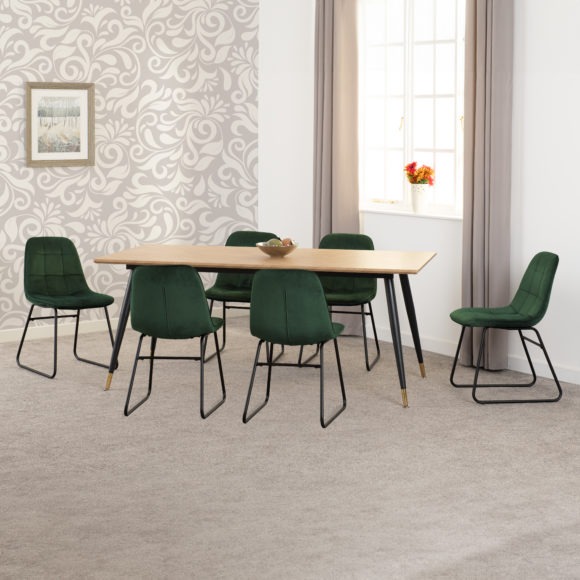 Seconique Hamilton Large Dining Set With Lukas Chairs Medium Oak Effect/Black/Emerald Green Velvet