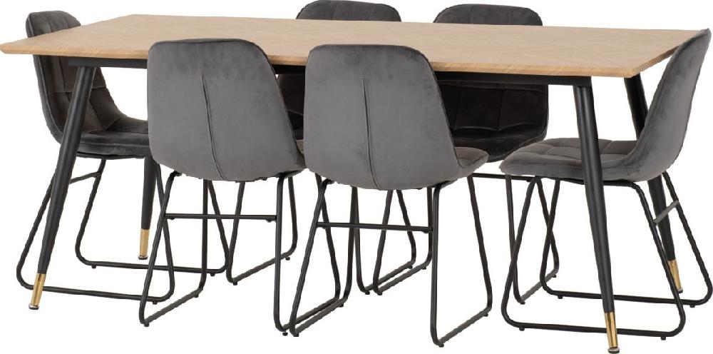 Seconique Hamilton Large Dining Set With Lukas Chairs Medium Oak Effect/Black/Grey Velvet