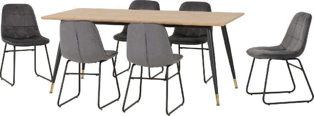 seconique Hamilton Large Dining Set with Lukas Chairs Medium Oak Effect/Black/Grey Velvet