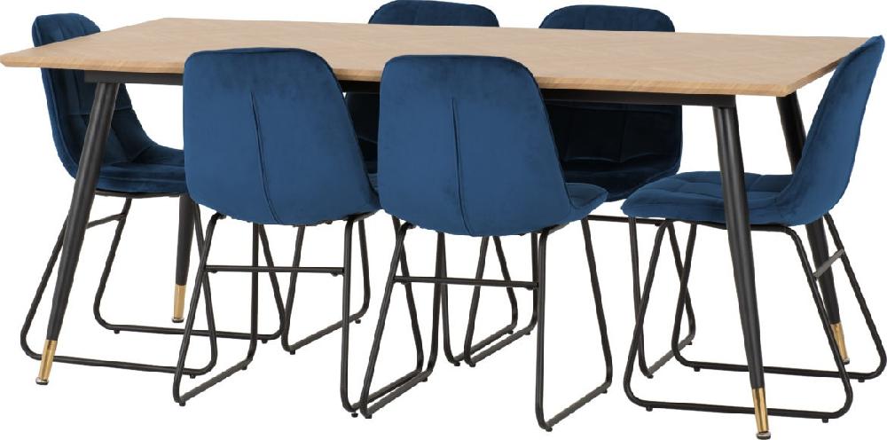 Seconique Hamilton Large Dining Set With Lukas Chairs Medium Oak Effect/Black/Sapphire Blue Velvet