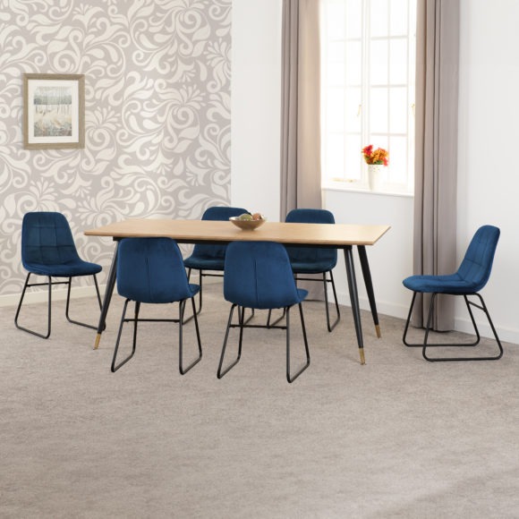 Seconique Hamilton Large Dining Set With Lukas Chairs Medium Oak Effect/Black/Sapphire Blue Velvet