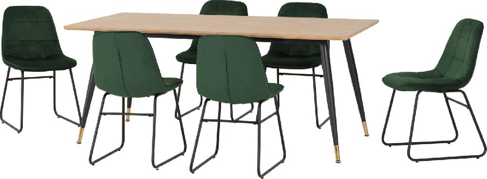 seconique Hamilton Large Dining Set with Lukas Chairs Medium Oak Effect/Black/Emerald Green Velvet