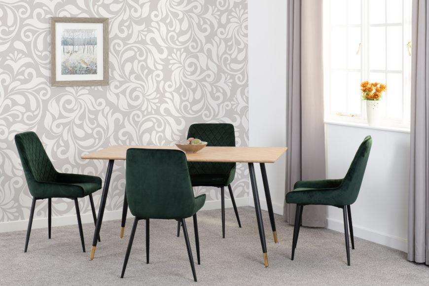 Seconique Hamilton Medium Dining Set With Avery Chairs Medium Oak Effect/Black/Emerald Green Velvet