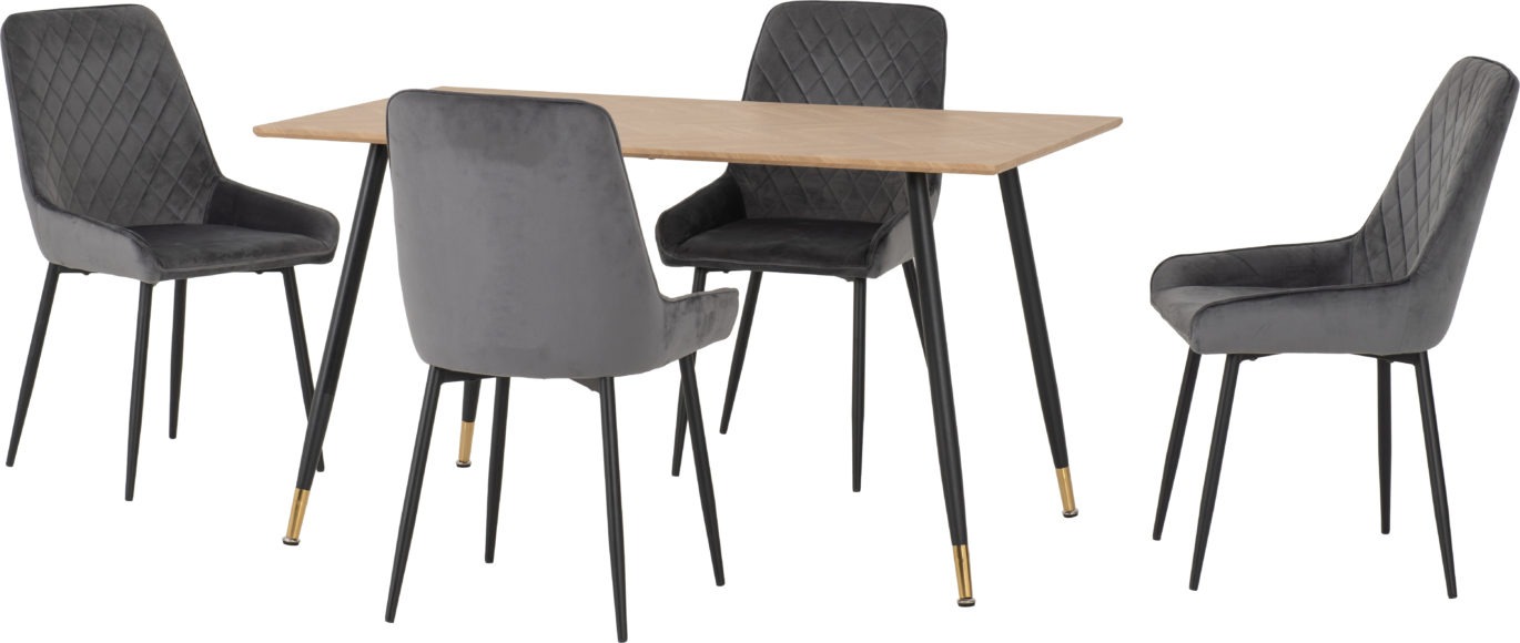 seconique Hamilton Medium Dining Set with Avery Chairs Medium Oak Effect/Black/Grey Velvet