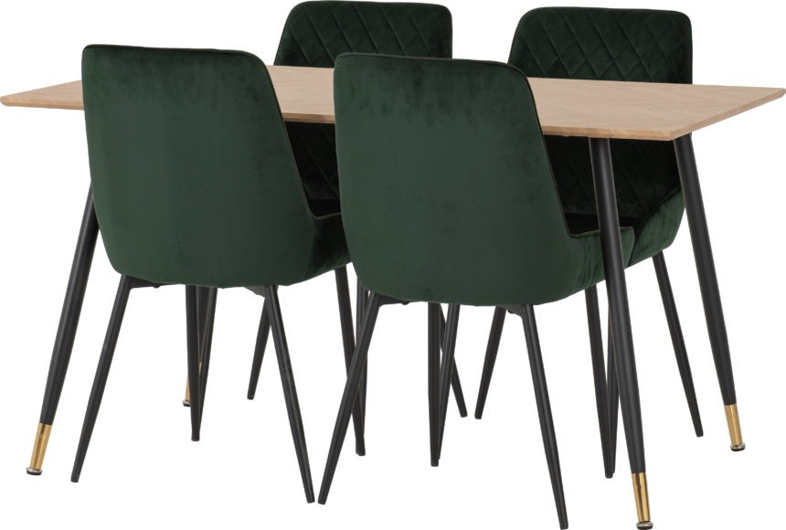 seconique Hamilton Medium Dining Set with Avery Chairs Medium Oak Effect/Black/Emerald Green Velvet