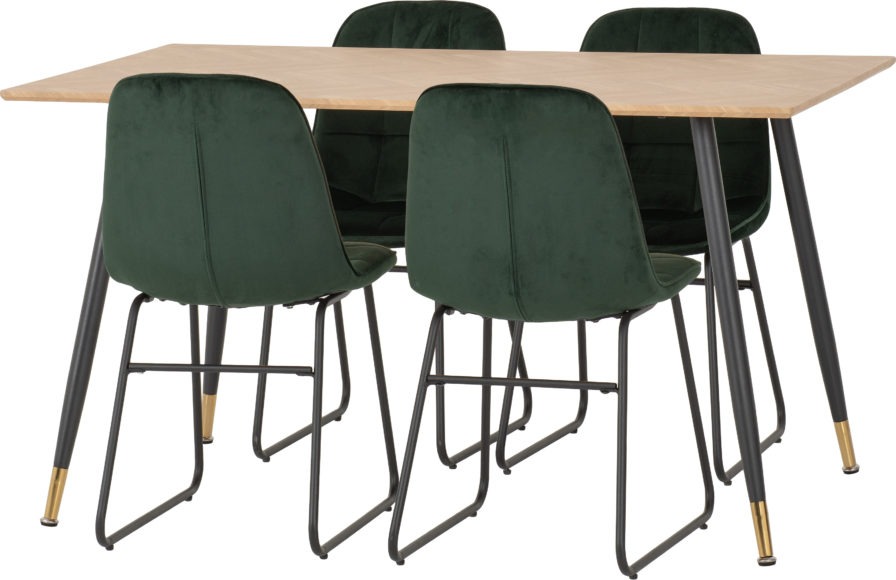 Seconique Hamilton Medium Dining Set With Lukas Chairs Medium Oak Effect/Black/Emerald Green Velvet
