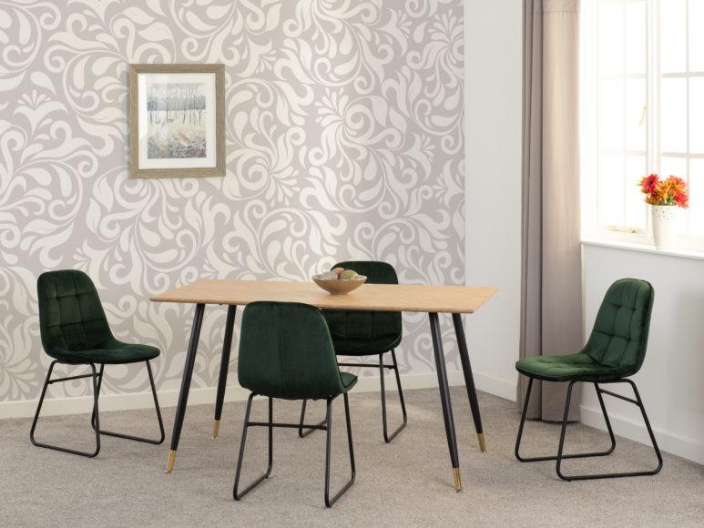 Seconique Hamilton Medium Dining Set With Lukas Chairs Medium Oak Effect/Black/Emerald Green Velvet