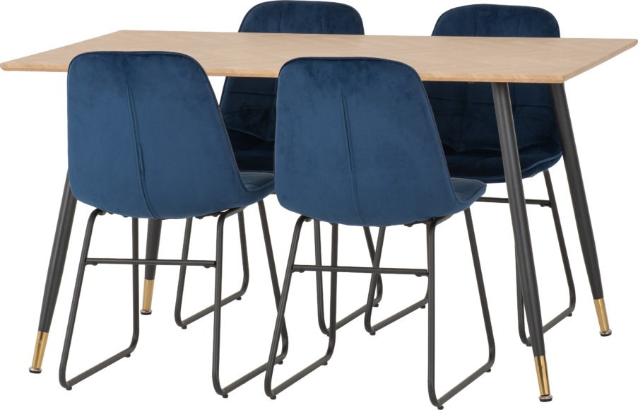 Seconique Hamilton Medium Dining Set With Lukas Chairs Medium Oak Effect/Black/Sapphire Blue Velvet