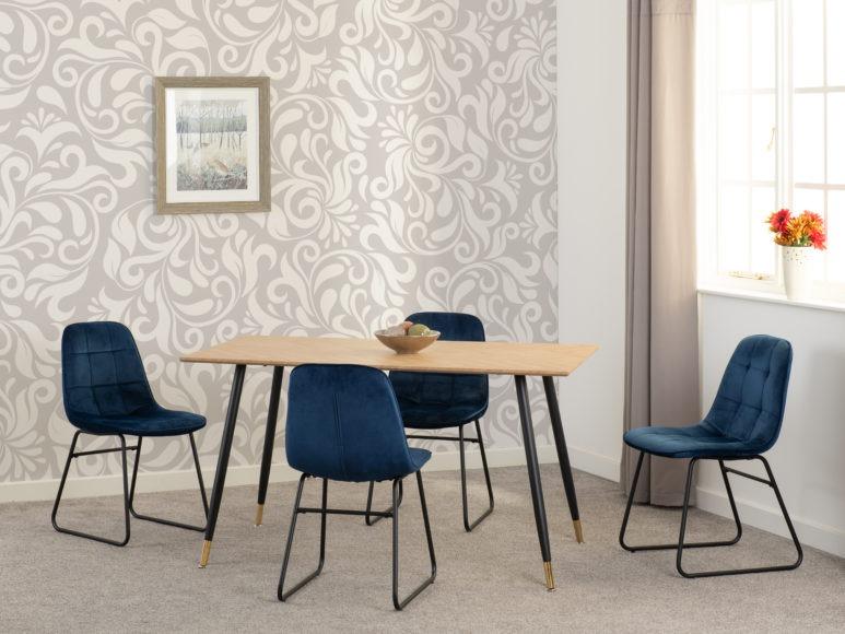 Seconique Hamilton Medium Dining Set With Lukas Chairs Medium Oak Effect/Black/Sapphire Blue Velvet