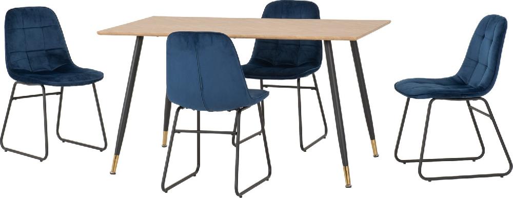 seconique Hamilton Medium Dining Set with Lukas Chairs Medium Oak Effect/Black/Sapphire Blue Velvet