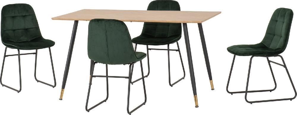 seconique Hamilton Medium Dining Set with Lukas Chairs Medium Oak Effect/Black/Emerald Green Velvet