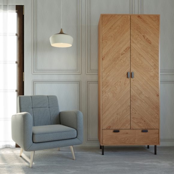 seconique Leon 2 Door 1 Drawer Wardrobe Medium Oak Effect