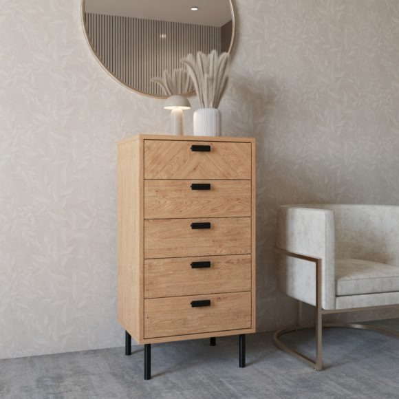 seconique Leon 5 Drawer Narrow Chest Medium Oak Effect