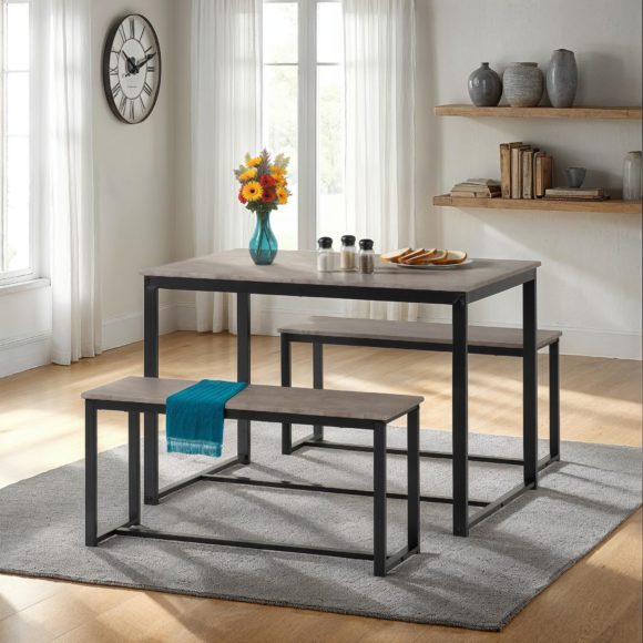 seconique Lincoln 1+2 Dining Bench Set Stone Effect/Black