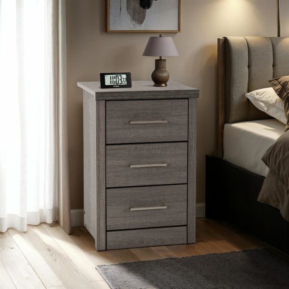 seconique Lisbon 3 Drawer Bedside Chest Black Wood Grain