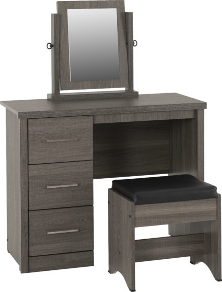Seconique Lisbon 3 Piece Dressing Table Set With Mirror Black Wood Grain/Black Faux Leather