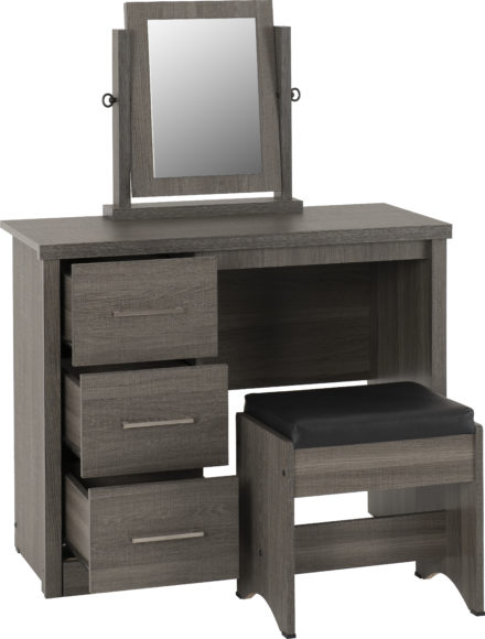 Seconique Lisbon 3 Piece Dressing Table Set With Mirror Black Wood Grain/Black Faux Leather