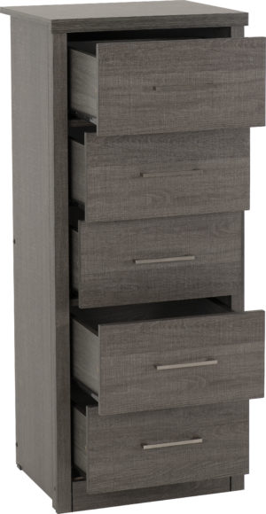 Seconique Lisbon 5 Drawer Narrow Chest Black Wood Grain