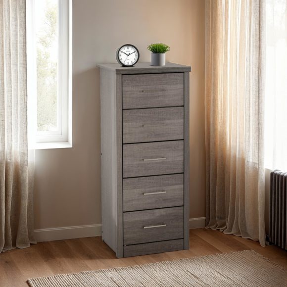 seconique Lisbon 5 Drawer Narrow Chest Black Wood Grain