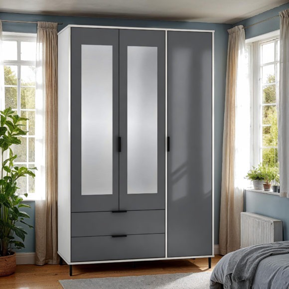seconique Madrid 3 Door 2 Drawer Mirrored Wardrobe Grey/White Gloss