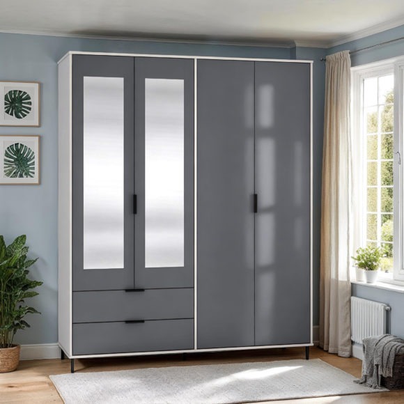 seconique Madrid 4 Door 2 Drawer Mirrored Wardrobe Grey/White Gloss