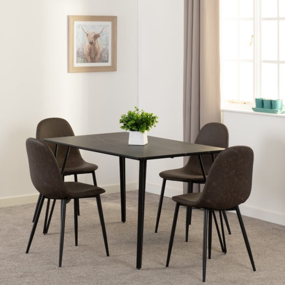 seconique Marlow Dining Set with Athens Chairs Black Marble Effect/Black/Brown Faux Leather