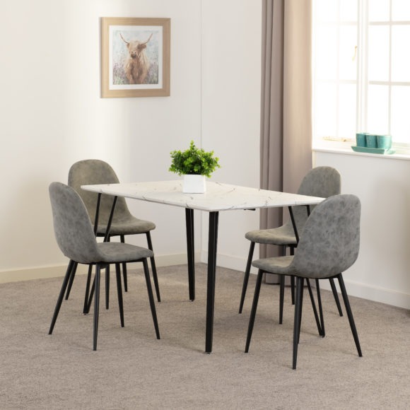 seconique Marlow Dining Set with Athens Chairs White Marble Effect/Black/Grey Faux Leather
