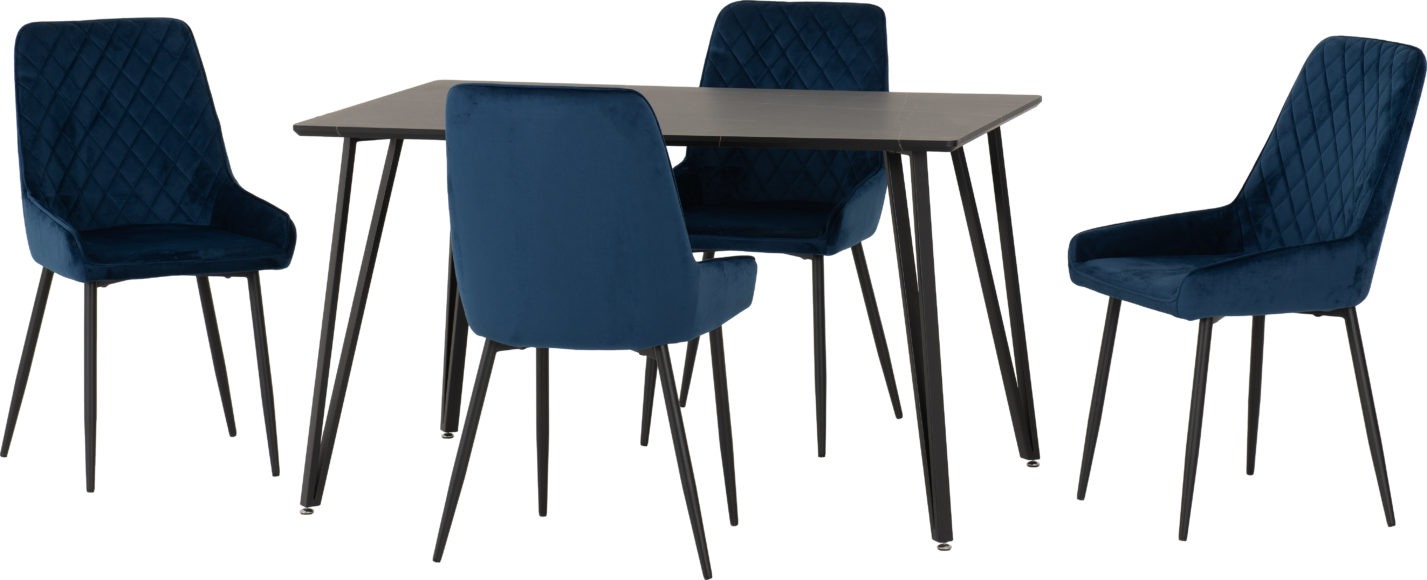Seconique Marlow Dining Set With Avery Chairs Black Marble Effect/Black/Sapphire Blue Velvet