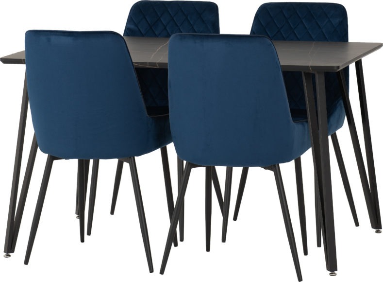 Seconique Marlow Dining Set With Avery Chairs Black Marble Effect/Black/Sapphire Blue Velvet