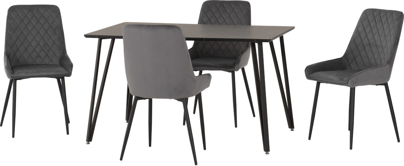 Seconique Marlow Dining Set With Avery Chairs Black Marble Effect/Black/Grey Velvet