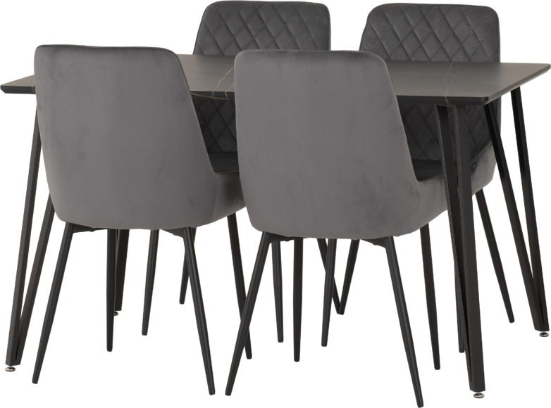 Seconique Marlow Dining Set With Avery Chairs Black Marble Effect/Black/Grey Velvet