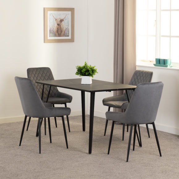 seconique Marlow Dining Set with Avery Chairs Black Marble Effect/Black/Grey Velvet
