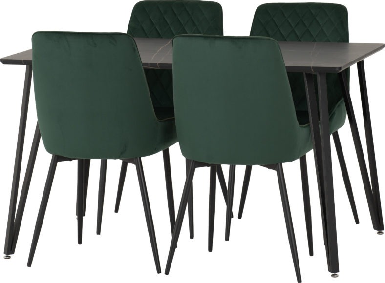 Seconique Marlow Dining Set With Avery Chairs Black Marble Effect/Black/Emerald Green Velvet