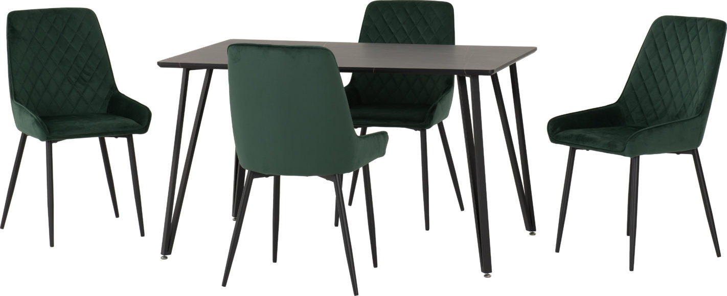 Seconique Marlow Dining Set With Avery Chairs Black Marble Effect/Black/Emerald Green Velvet